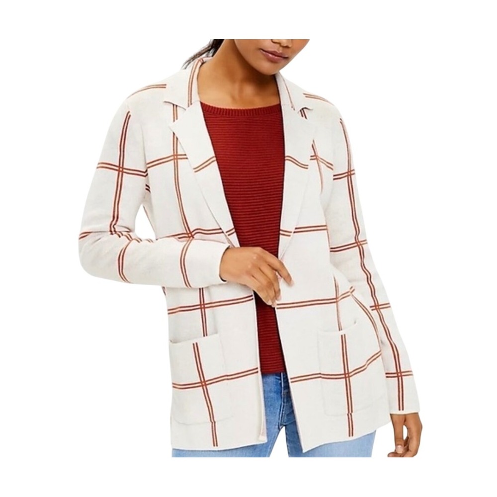 LOFT Plaid Knit Blazer Cardigan Womens Large Ivory Burnt Orange Cotton Sweater